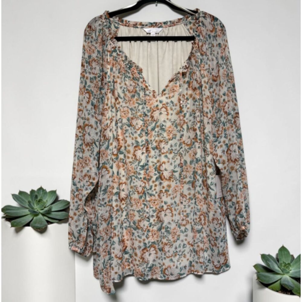 Lauren Conrad Floral Peasant Blouse 4X Boho Long Sleeve Plus Size Top NWT